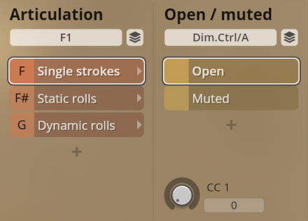 Vienna Instruments Synchron Percussion II software interface showing Articulation and Open/muted sound selection options.