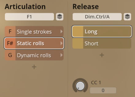Vienna Symphonic Library Synchron Percussion II software interface showing Articulation and Release settings for musical instruments, with Static Rolls and Long Release options highlighted.