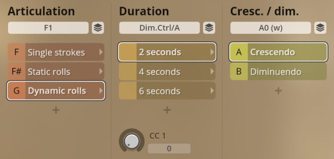 Virtual instrument interface for Synchron Percussion II showing controls for Articulation (Single or Dynamic Rolls), Note Duration (2, 4, or 6 seconds), and Crescendo/Diminuendo musical dynamics.