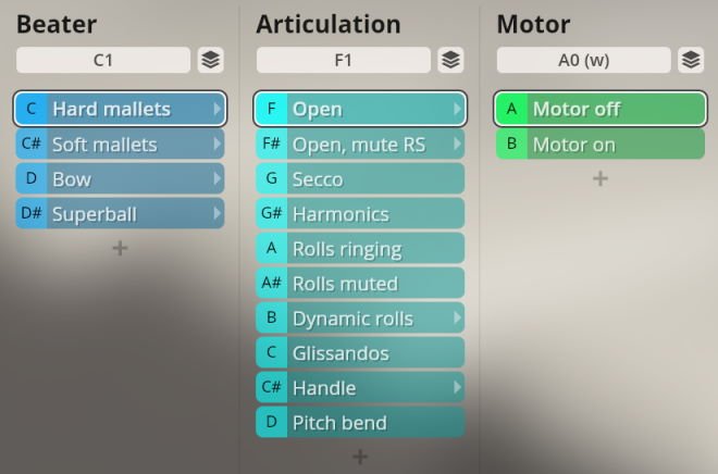 User interface for Vienna Symphonic Library Synchron Instruments showing Beater, Articulation, and Motor settings for percussion playback, with options like hard mallets, open articulation, and motor off.