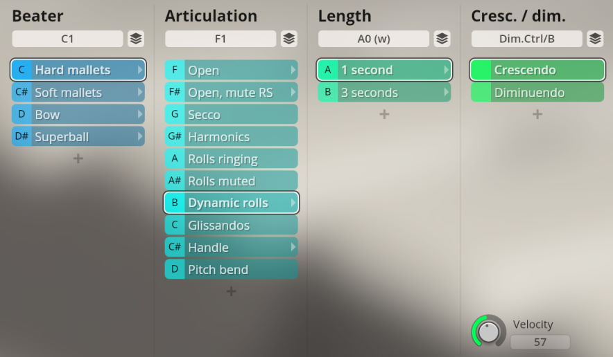 Synchron Percussion II user interface showing Beater, Articulation, Length, and Crescendo/Diminuendo options with Hard Mallets, Dynamic Rolls, 1 second, and Crescendo selected.