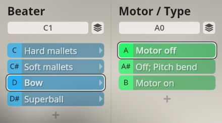 Synchron Percussion II instrument interface with selectable beater types (hard mallets, soft mallets, bow, superball) and motor/type options (motor off, off pitch bend, motor on) for sound control.