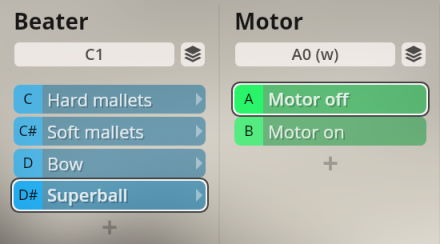 User interface showing Beater and Motor controls for Synchron Percussion II, with options like hard mallets, soft mallets, bow, superball, motor off, and motor on.