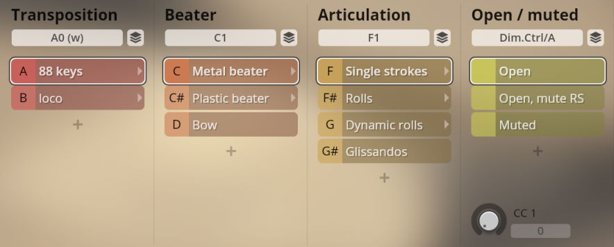 A digital audio workstation (DAW) interface showing settings for Synchron Percussion II: Transposition (88 keys, loco), Beater (metal, plastic, bow), Articulation (single strokes, rolls, dynamic rolls, glissandos), and Open/Muted (open, mute RS, muted).