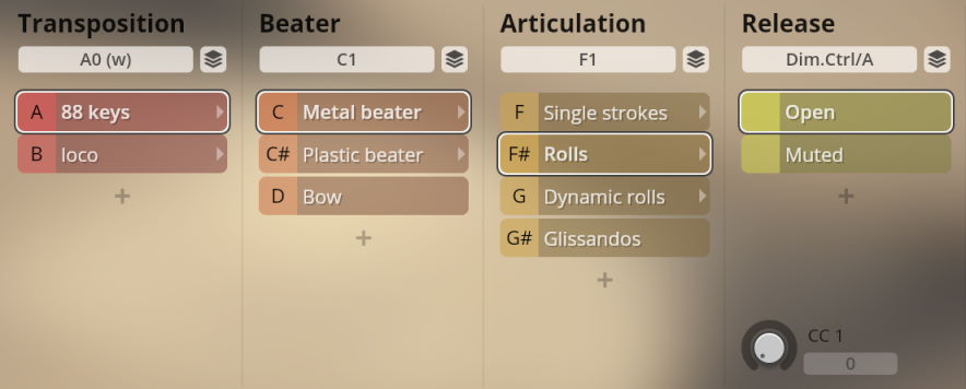 Vienna Symphonic Library Synchron Percussion II GUI, showing Transposition (88 keys selected), Beater (Metal beater selected), Articulation (Rolls selected), and Release (Open selected) options for virtual instruments.