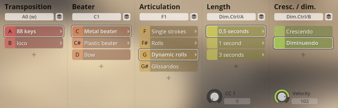Vienna Symphonic Library Synchron Percussion II GUI, showing options for transposition (88 keys, loco), beater type (metal, plastic, bow), articulation (single strokes, rolls, dynamic rolls, glissandos), length (0.5, 1, 3 seconds), and cresc./dim. (crescendo, diminuendo).