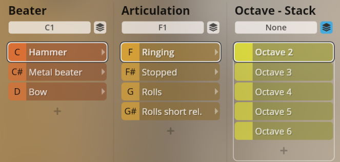 Synchron Percussion II user interface showing Beater, Articulation, and Octave-Stack options, with 'Hammer', 'Ringing', and 'Octave 2' selected.