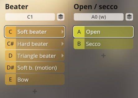 Screenshot of the Synchron Percussion II user interface showing Beater types like soft, hard, triangle, and bow, alongside Open and Secco sound options.