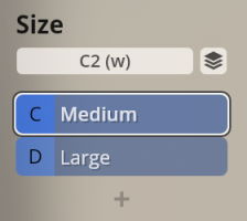 User interface controls for selecting sound library size, showing C2 (w), C Medium, and D Large options.