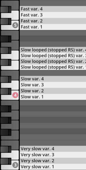 Vienna Symphonic Library Synchron Percussion II instrument variations menu for fast, slow looped, slow, and very slow tempos.