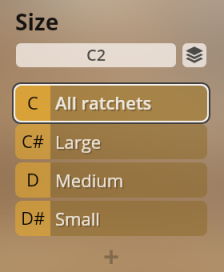 User interface showing Synchron Percussion II instrument size options, including C2, and ratchet size selections like All ratchets, Large, Medium, and Small.