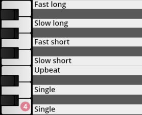 A digital piano roll displaying percussion articulation options: Fast long, Slow long, Fast short, Slow short, Upbeat, and Single.
