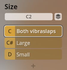 Synchron Percussion II instrument size selection interface showing options for C2, both vibraslaps, large, and small.