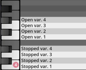 Virtual keyboard interface showing Open var and Stopped var sound variations for Synchron Percussion II, illustrating instrument articulations.