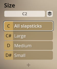 Vienna Synchron Percussion II instrument size selection interface showcasing options for All slapsticks, Large, Medium, and Small with corresponding musical notes C, C#, D, and D#.