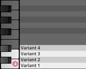 MIDI keyboard showing four Variant options for Synchron Percussion II instrument selections.