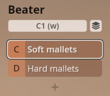 Synchron Percussion II instrument beater selection options: soft mallets and hard mallets.