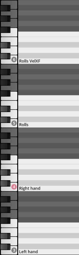 Virtual piano keyboard showing mapping for Synchron Percussion II: Rolls VelXF, Rolls, Right hand, and Left hand samples.