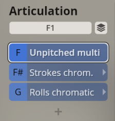 User interface showing Articulation menu with F Unpitched multi, F# Strokes chrom., and G Rolls chromatic options selected, relevant to Synchron Percussion II software.