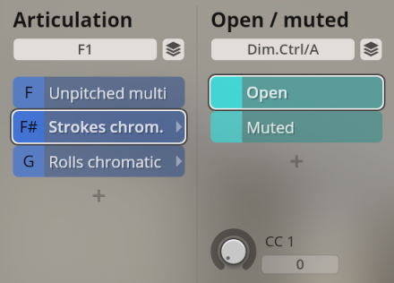 User interface showing Articulation controls with Strokes chrom. selected and Open / muted controls with Open selected, for Vienna Symphonic Library's Synchron Percussion II software instrument.