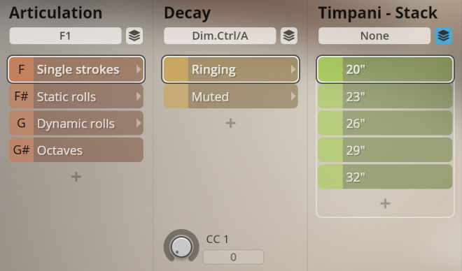 Vienna Symphonic Library Synchron Percussion III software interface showing Timpani Stack articulation, decay, and size controls with options for single strokes, static rolls, dynamic rolls, octaves, ringing, muted, and timpani sizes from 20 to 32 inches.