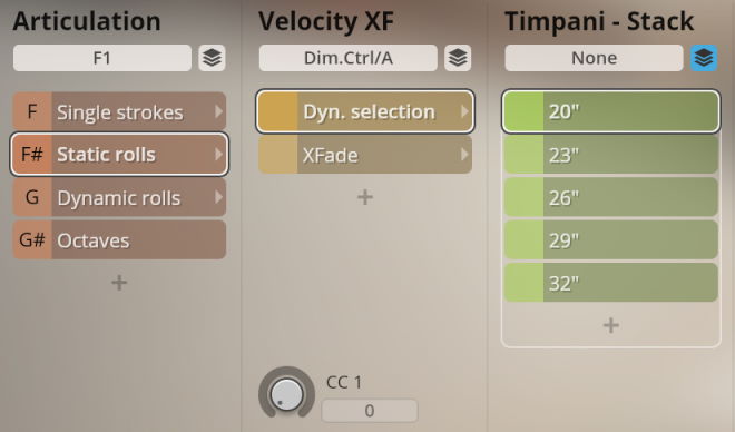 Vienna Symphonic Library Synchron Percussion III software interface showing articulation, velocity, and Timpani stack controls, with static rolls and 20-inch Timpani selected.