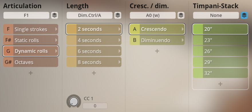 Synchron Percussion III virtual instrument interface showing articulation, length, crescendo/diminuendo, and timpani stack controls for sound customization.