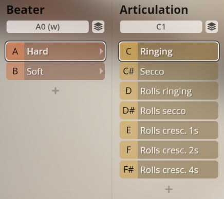 Vienna Symphonic Library Synchron Percussion III software interface showing beater types hard and soft, and articulation options including ringing, secco, and various rolls.
