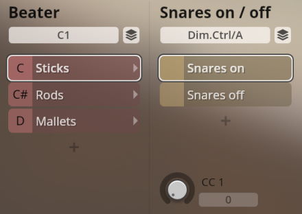 Vienna Symphonic Library Synchron Percussion III interface showing Beater selection (Sticks, Rods, Mallets) and Snares on/off controls.