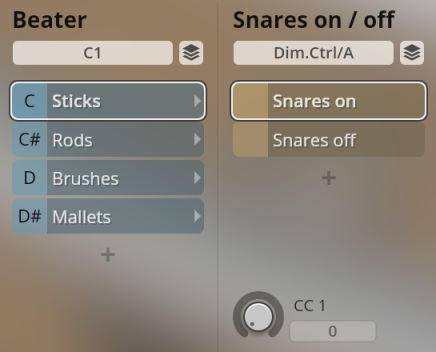 Vienna Synchron Percussion III virtual instrument interface showing beater selection for Sticks, Rods, Brushes, Mallets and Snare on/off options for realistic drum sounds.