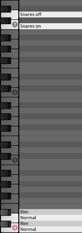 Virtual piano keys and mapping labels for percussion sounds including snares on/off and rim normal for Synchron Percussion III.