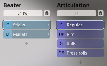 Screenshot of Synchron Percussion III software interface showing Beater (Sticks, Mallets) and Articulation (Regular, Rim, Rolls, Press rolls) selection options.