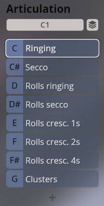 Digital interface showing Articulation menu with Ringing, Secco, Rolls ringing, and Clusters options for Synchron Instruments.