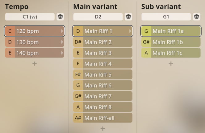 User interface for Synchron Percussion III showing Tempo, Main variant, and Sub variant settings including BPM, Riff selections, and their sub-variants.