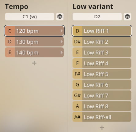 Vienna Symphonic Library Synchron Instruments interface showing Tempo (120-140 bpm) and Low Variant (Riff 1-8, Riff-all) controls for musical parameter selection.