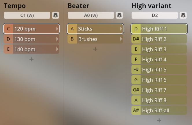 User interface for Synchron Percussion III showing tempo, beater, and high variant sound selection.
