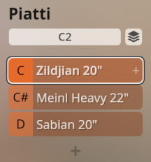 Digital interface displaying Piatti (cymbals) sound options, specifically Zildjian 20, Meinl Heavy 22, and Sabian 20, for music production software.