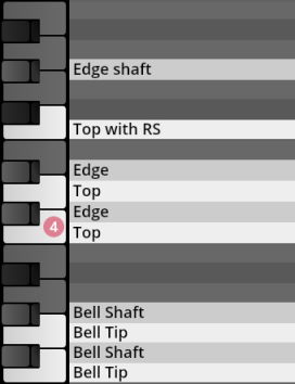 Synchron Percussion III instrument mapping interface showing piano keys alongside articulation labels like Edge shaft, Top with RS, and Bell Tip.