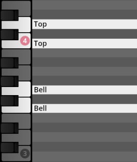 A partial view of a digital piano keyboard interface showing labeled keys for musical instrument sounds like Top and Bell, with numerical indicators 4 and 3 for virtual instrument mapping in Synchron Percussion III.