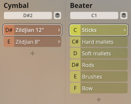 Software interface showing options for Synchron Percussion III: Cymbal type Zildjian 12-inch or 8-inch, and Beater types including Sticks, Hard Mallets, Soft Mallets, Rods, Brushes, and Bow.