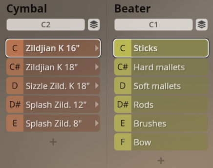 Synchron Percussion III software interface showing interactive options for cymbal types like Zildjian K 16 and beater types like sticks or hard mallets.