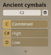 Synchron Percussion III virtual instrument interface showing Ancient cymbals options: Combined, High, and Low.
