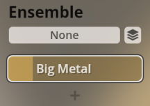 Screenshot of a digital audio workstation interface showing an Ensemble component with None and Big Metal options selected, illustrating virtual instrument sound selection for Synchron Percussion.