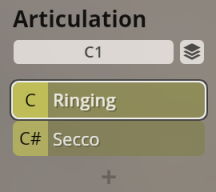 Screenshot showing a software interface's Articulation section with Ringing and Secco options for musical instrument sounds.