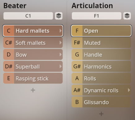 Graphic user interface showing Beater and Articulation options for Synchron Percussion III, including Hard mallets, Soft mallets, Bow, Superball, Rasping stick, Open, Muted, Handle, Harmonics, Rolls, Dynamic rolls, and Glissando.
