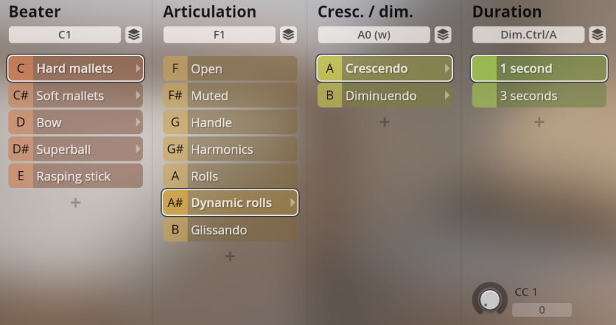 Synchron Percussion III software interface showing Beater, Articulation, Crescendo/Diminuendo, and Duration settings for Vienna Symphonic Library instruments.