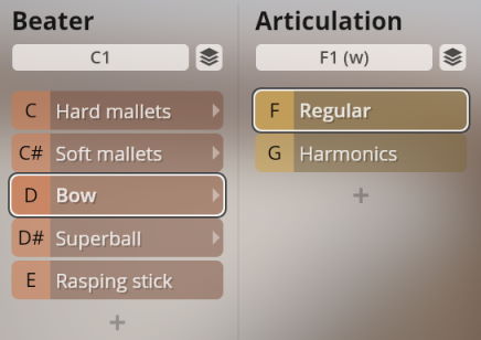 Graphical user interface for Synchron Percussion III showing Beater and Articulation selection menus. The Beater menu lists options like Hard mallets, Soft mallets, Bow, Superball, and Rasping stick. The Articulation menu displays Regular and Harmonics. The Bow option is currently selected.