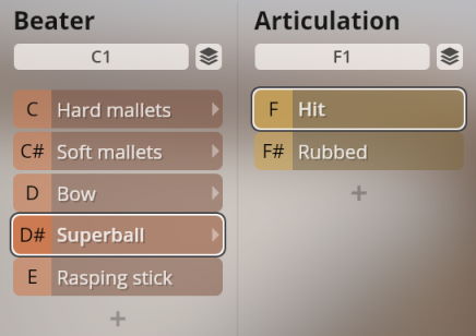 User interface for Synchron Percussion III showing Beater and Articulation options. Beater options include Hard mallets, Soft mallets, Bow, Superball, and Rasping stick. Articulation options include Hit and Rubbed.