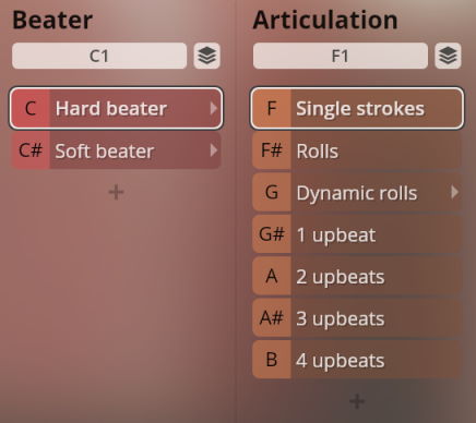 User interface for Vienna Symphonic Library Synchron Percussion III showing Beater and Articulation selection options like Hard beater, Soft beater, Single strokes, and Dynamic rolls, for virtual instrument control.