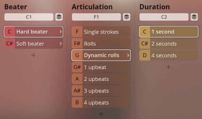 Vienna Symphonic Library Synchron Percussion III software interface showing Beater, Articulation, and Duration parameters for sound customization.